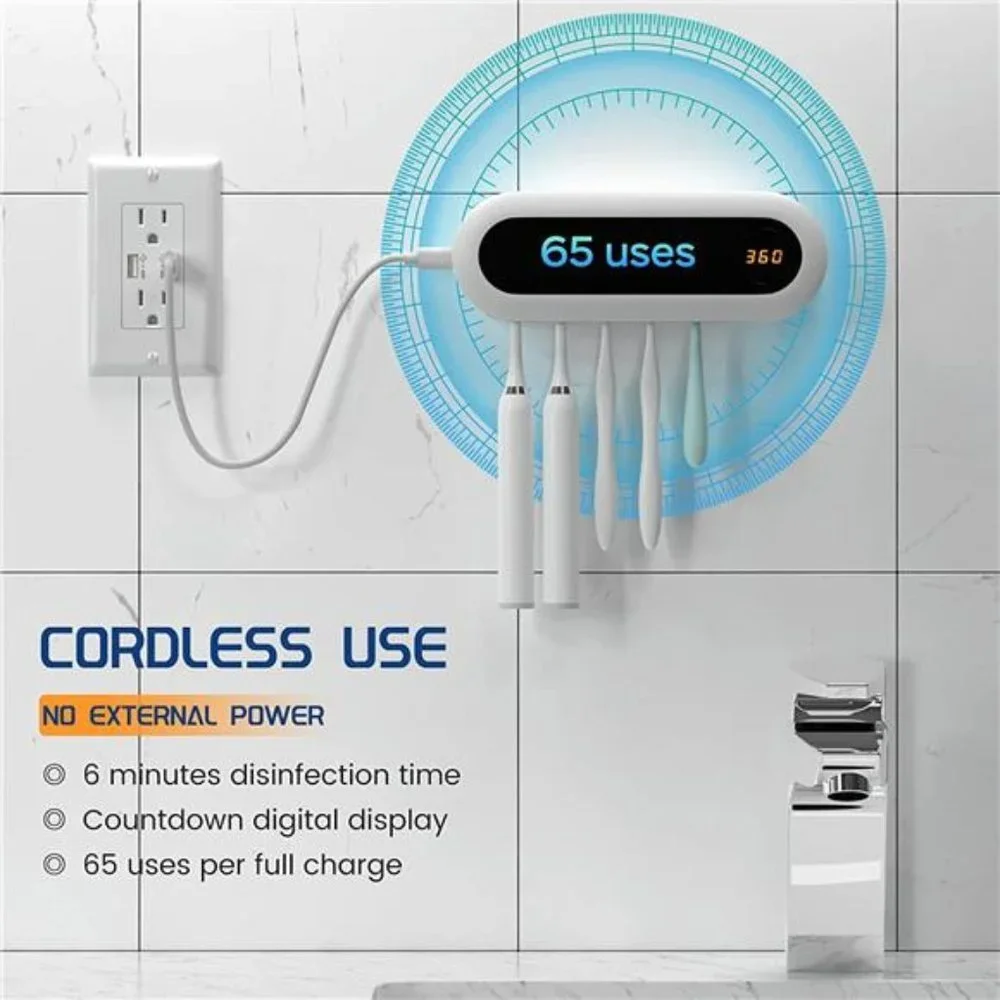 UV Toothbrush Sanitizer and Holder Cordless Wall Mounted 5 Toothbrush Slots
